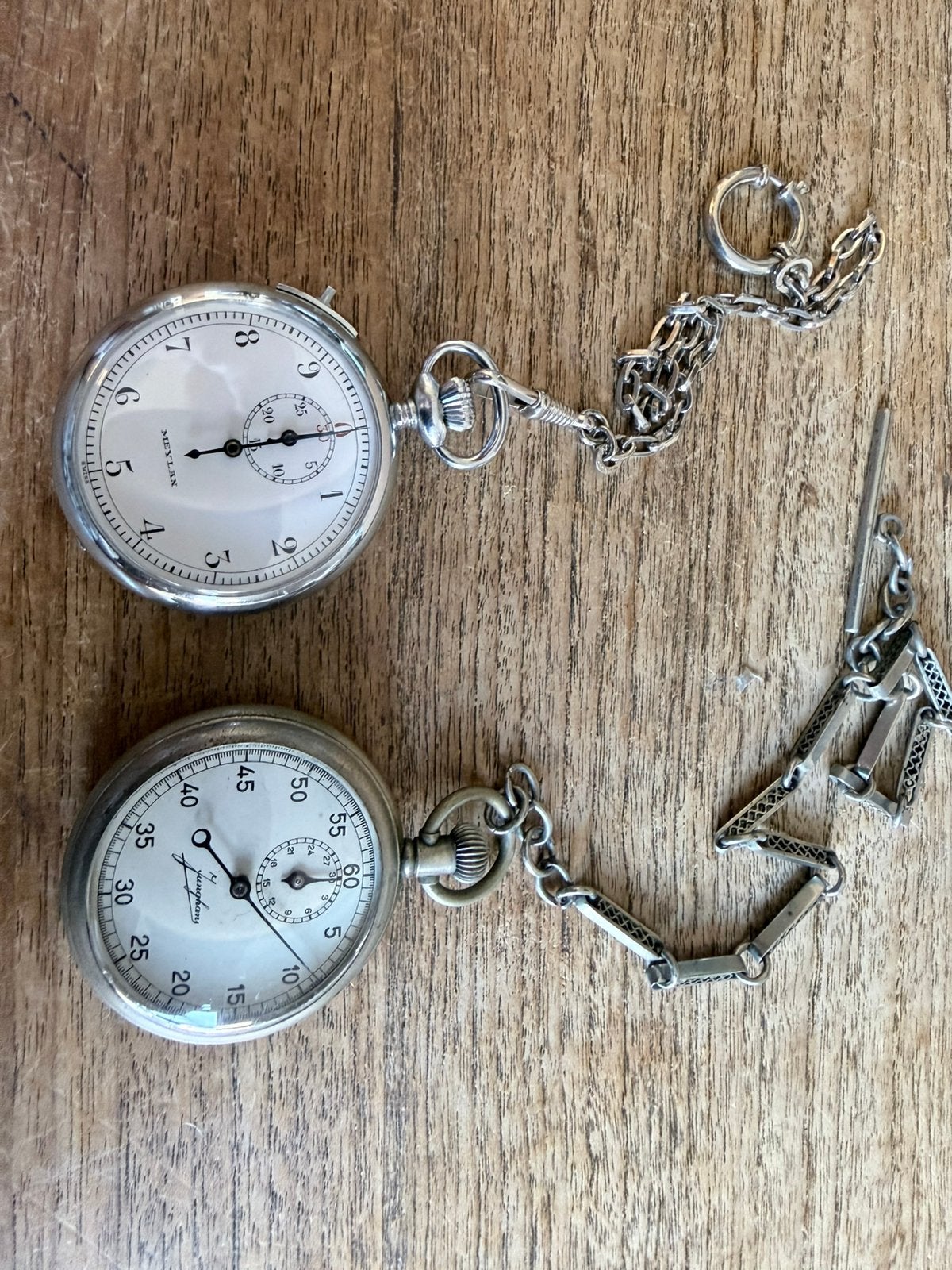2Xantieke mechanise stopwatch te koop., Overige merken, Staal, Met ketting, 1960 of later