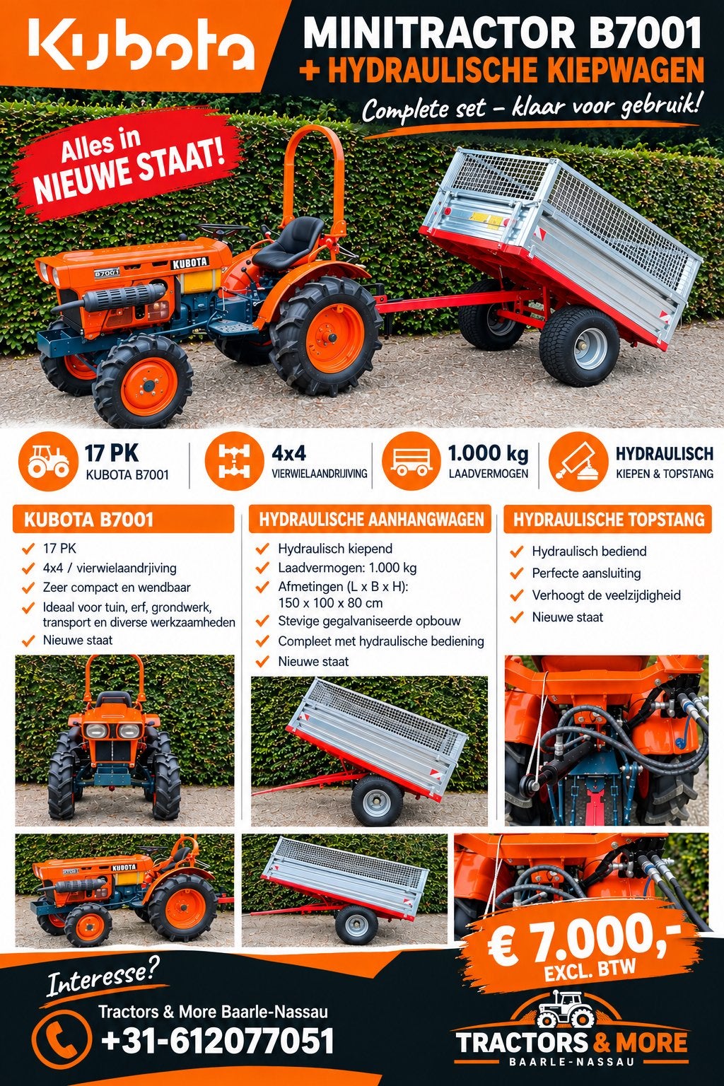 Kubota B7001’minitractor incl Hydraulische Kiepkar| 17PK 4x4, Ophalen, Overige typen