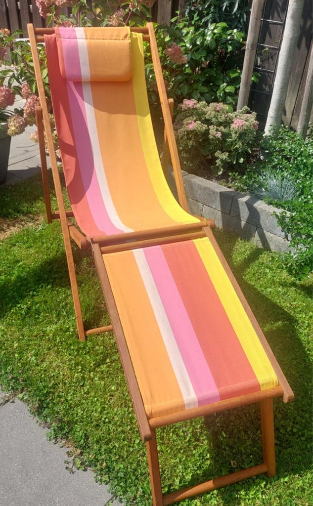 Strandstoelen retro 2 stuks met voetenbank, Ophalen, Gebruikt, Hout, Verstelbaar