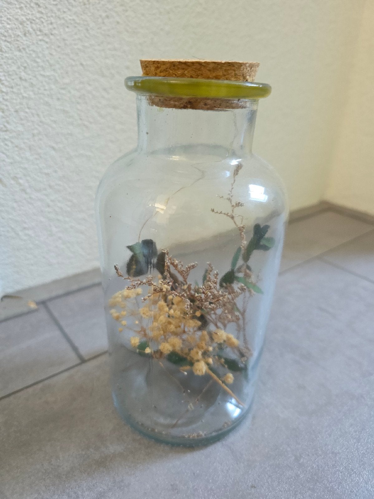 Decoratie glazen pot met kurk en droogbloemen, Ophalen, Gebruikt, Inclusief droogbloemen, Transparant