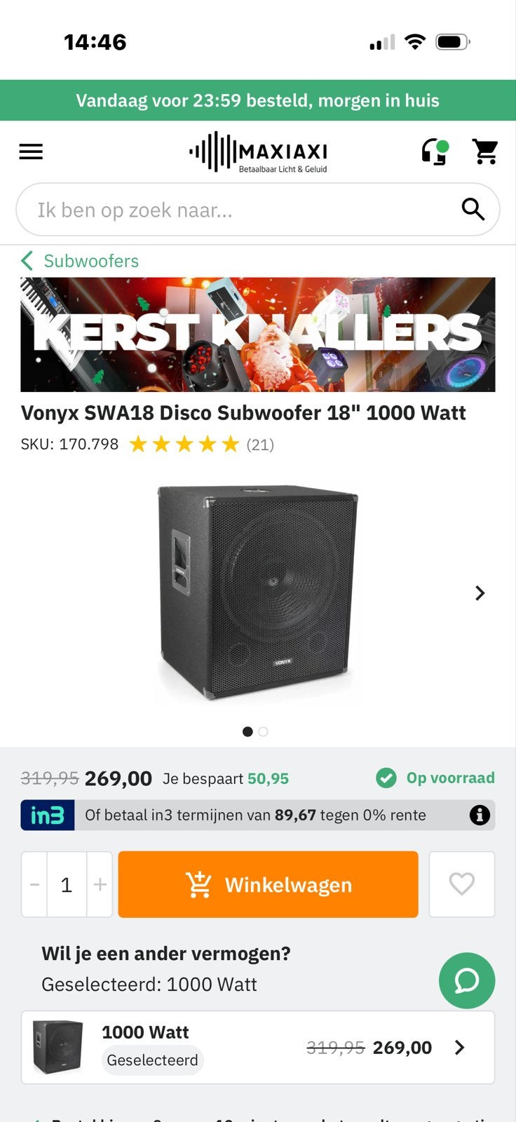 Vonyx SWA18 Disco Subwoofer 18" 1000 Watt, Subwoofer, Zo goed als nieuw, 120 watt of meer, Ophalen