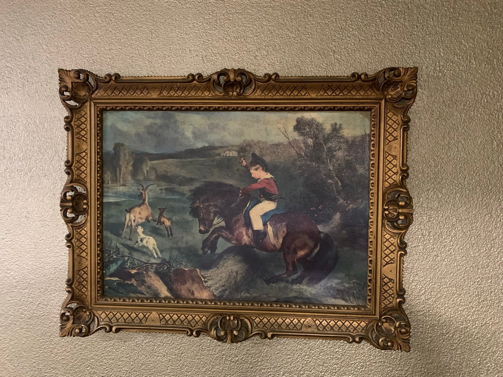 Klassiek schilderij: Jongen te paard met geiten, Doek, Dieren, Ophalen of Verzenden, Olieverf