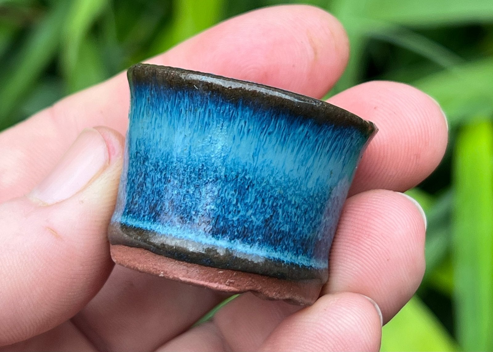 Bonsai Mame potje blauw tinten geglazuurd aardewerk 3,9x2,7, Rond, Ophalen of Verzenden, Zo goed als nieuw, Aardewerk