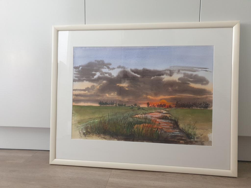 Aquarel Theo Janssen zonsondergang weiland

Origineel, Ophalen