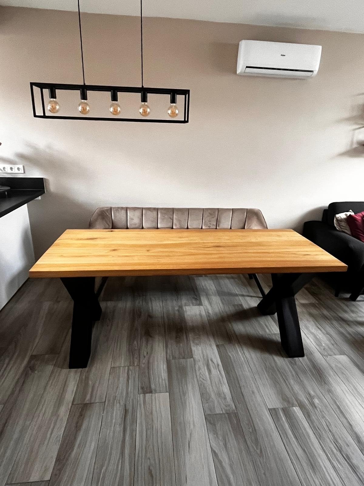 massief eiken eettafel met stalen X poten, Ophalen, Eikenhout, 200 cm of meer, 50 tot 100 cm