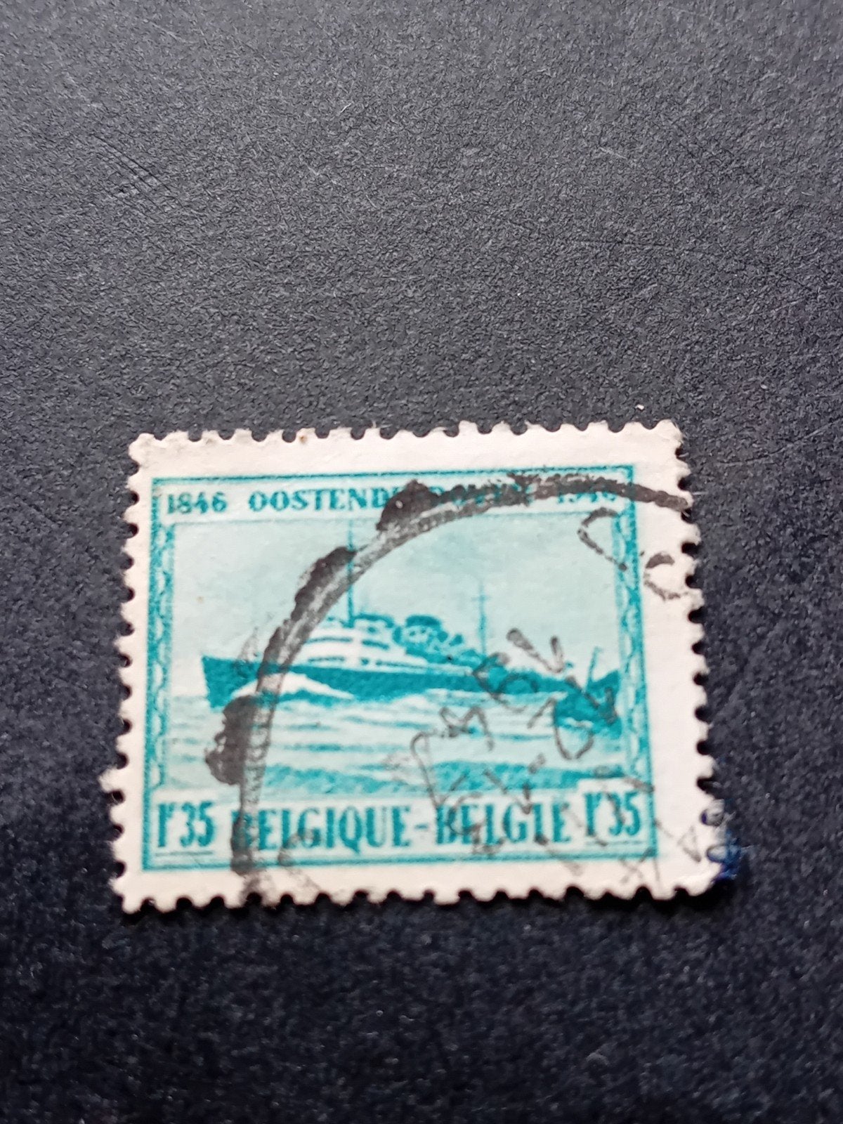 Belgische postzegel 1946 Oostende schip 1F35 gestempeld, Ophalen of Verzenden