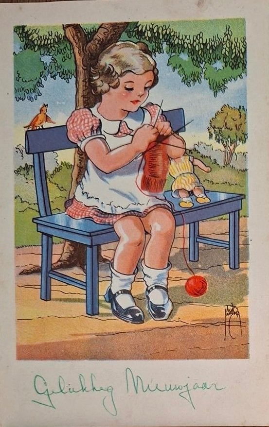 Jacob Jansma tekende dit sokken breiende meisje, Verzamelen, Verzenden, 1940 tot 1960, Gelopen, Kinderen