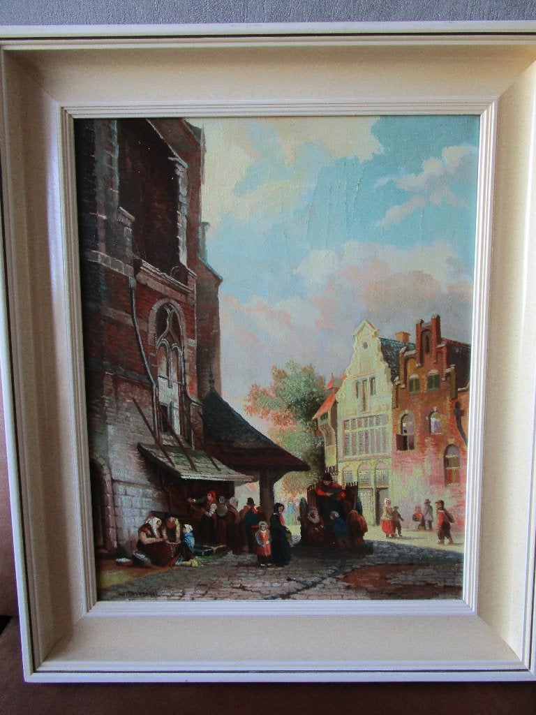 Olieverfschilderij: levendig stadsgezicht met figuren, Antiek en Kunst, Kunst | Schilderijen | Klassiek, Ingelijst, Doek, Realistisch