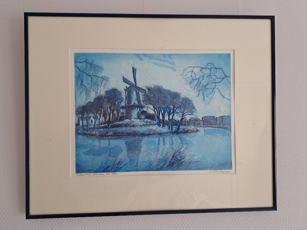 "Molen van Piet" te Alkmaar, ets J.Hollenberg, Antiek en Kunst, Kunst | Etsen en Gravures, Ophalen of Verzenden, Stadsgezicht