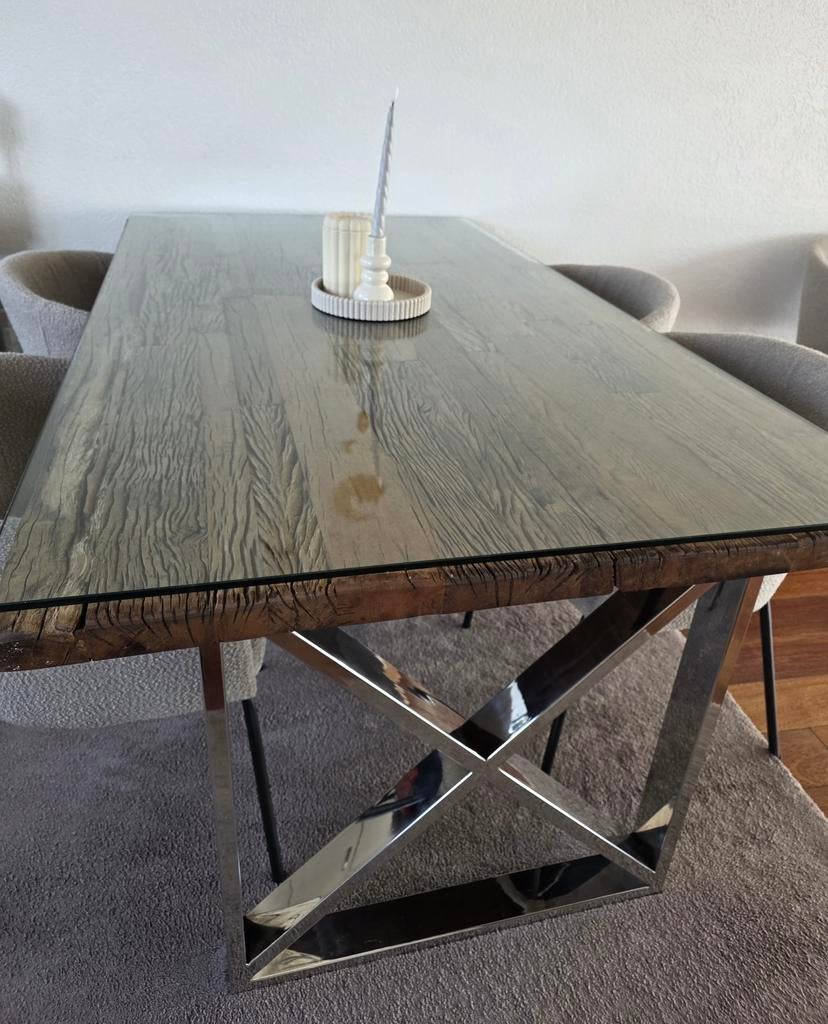 Glazen eettafel hout, Huis en Inrichting, Tafels | Eettafels, Ophalen of Verzenden, Zo goed als nieuw, Rechthoekig, 50 tot 100 cm