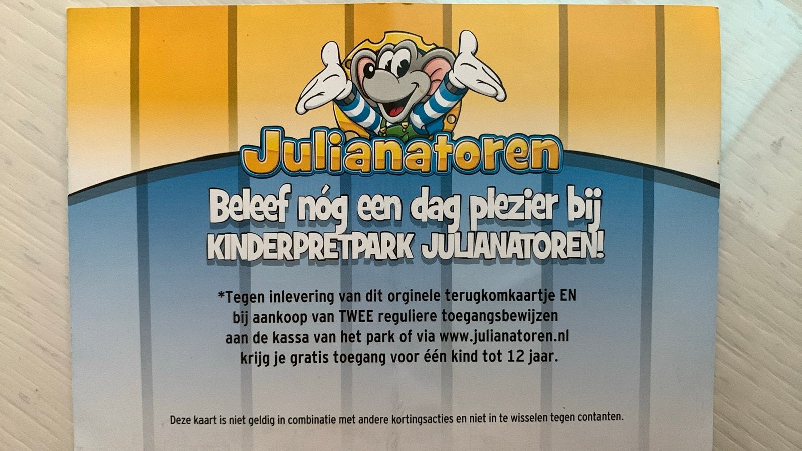 Terugkomkaart kinderpretpark Julianatoren, Eén persoon, Ticket of Toegangskaart