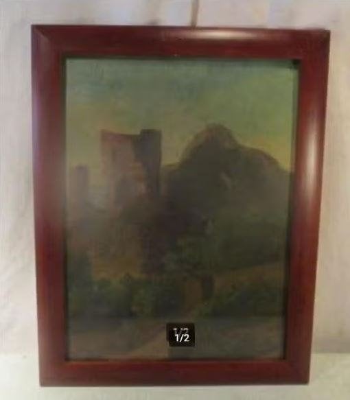 Mooi Oud Geschilderd werk 'Ruine op de Berg' - 46x36, Doek, Achter glas, Ophalen of Verzenden, Landschap