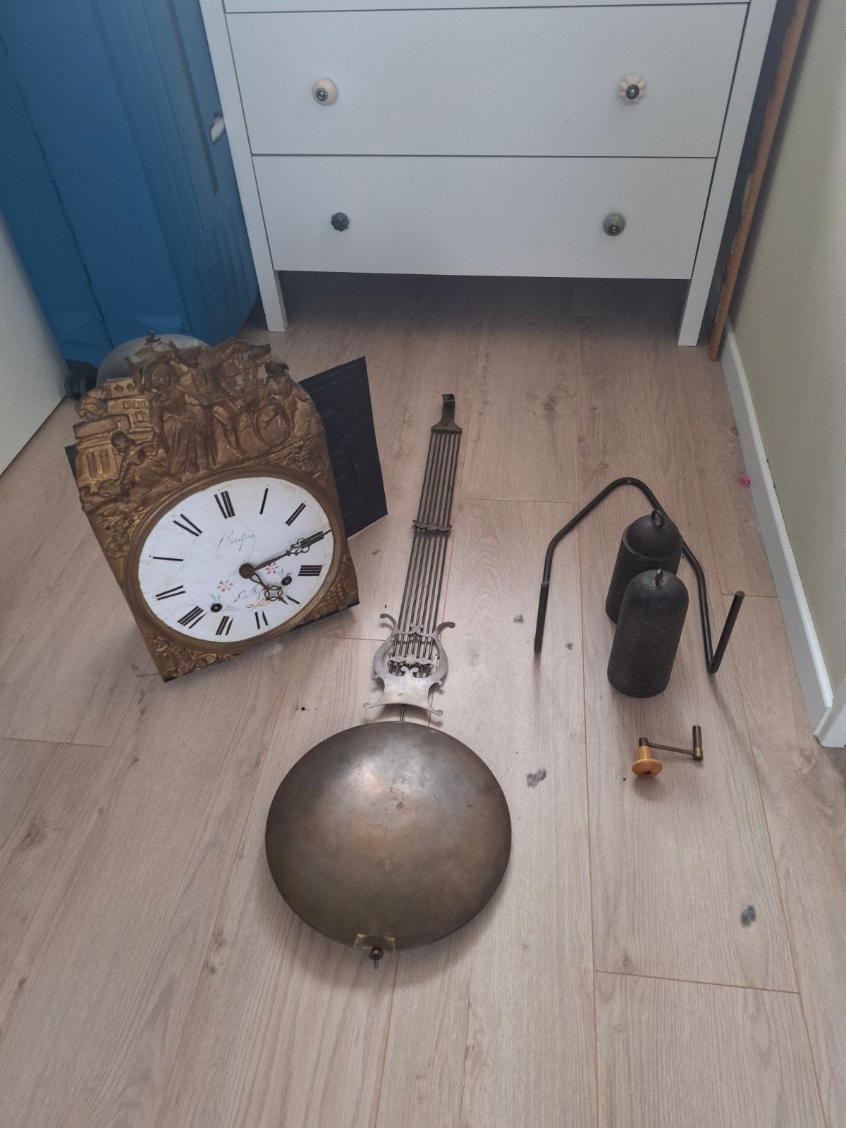 Antieke Franse pendule klok met slinger en gewichten, Ophalen