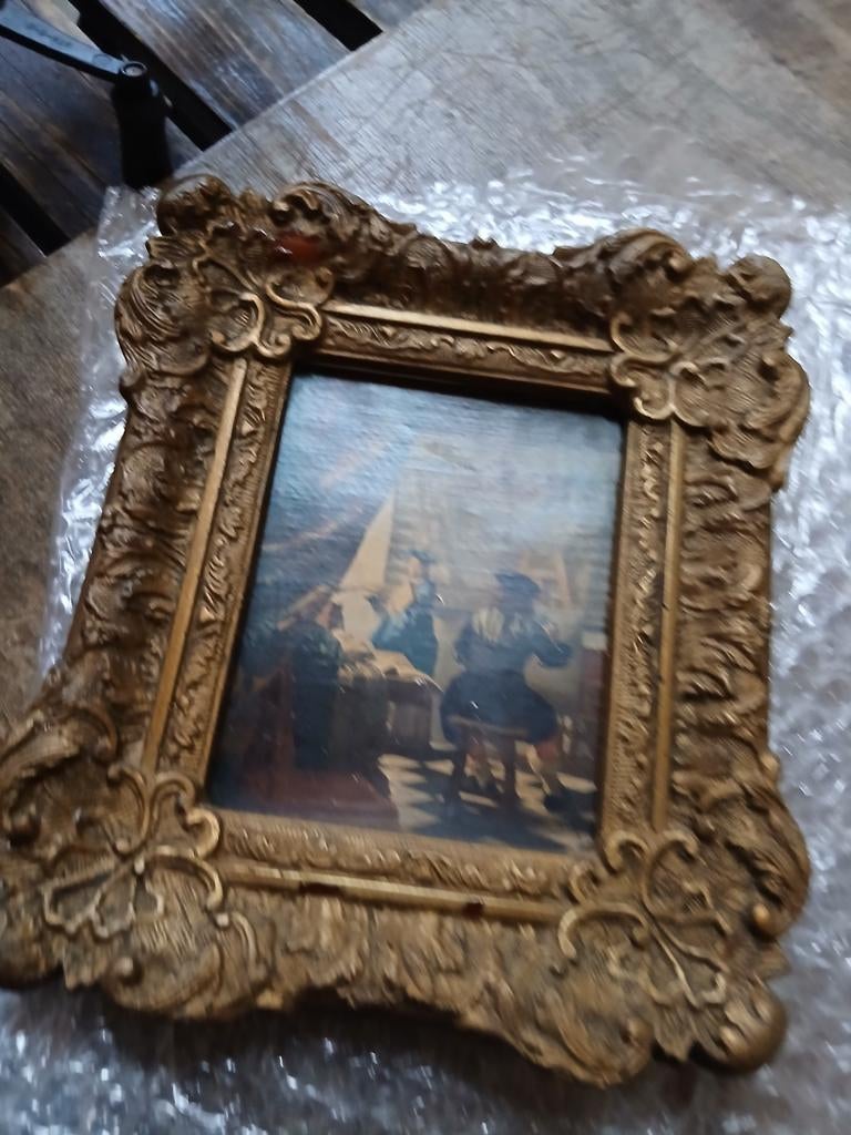 Antiek schilderij in sierlijke gouden lijst 17 bij 20 cm, Antiek en Kunst, Kunst | Schilderijen | Klassiek, Ophalen