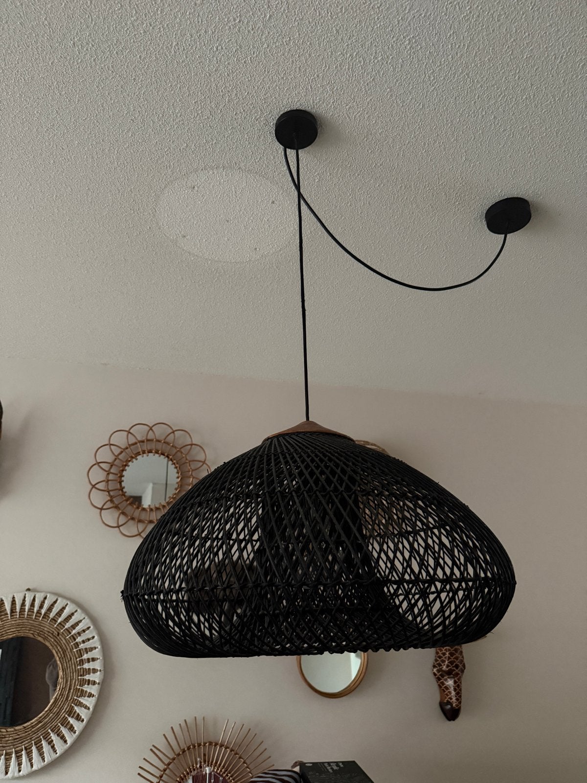 Dbodhi hanglamp, rotan zwart., Ophalen, Gebruikt, Natuurlijk materiaal, E27 (groot)