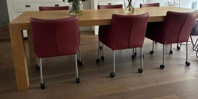 6x Rode Leren Eetkamerstoelen op Wieltjes - modern, Ophalen, Leer, Zo goed als nieuw, Vijf, Zes of meer stoelen