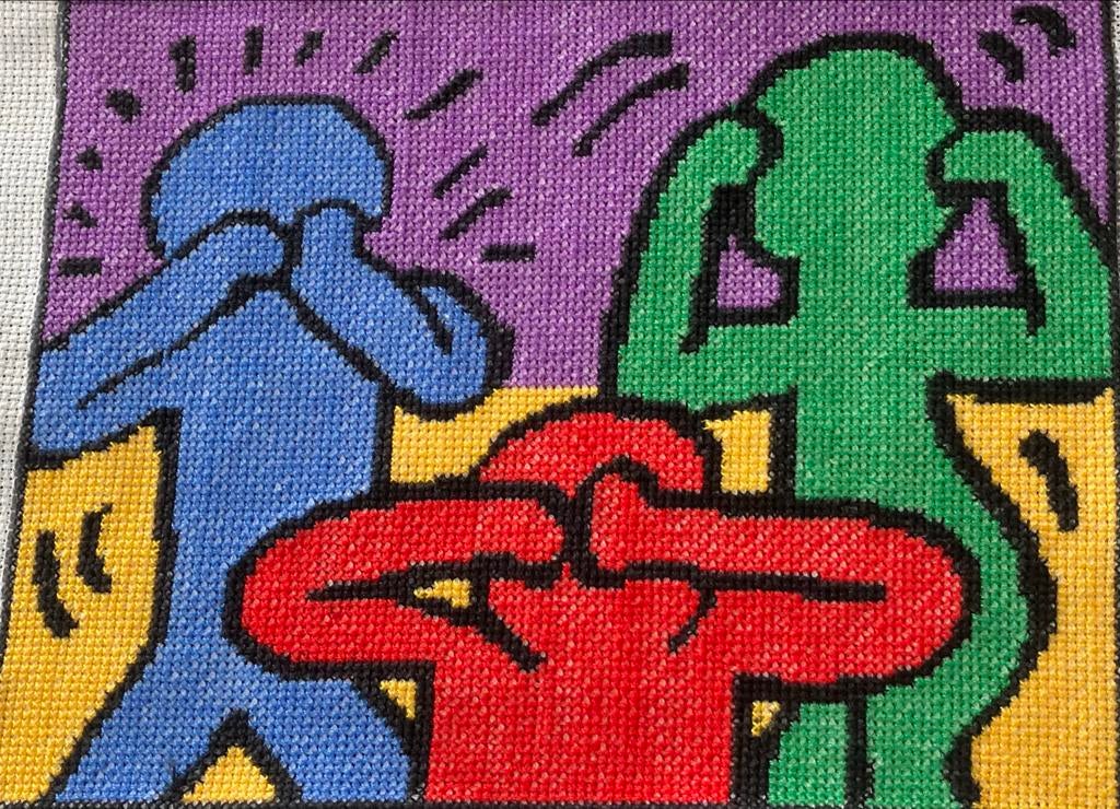 Geborduurd kunstwerk in Keith Haring stijl, Hobby en Vrije tijd, Ophalen of Verzenden, Nieuw, Handborduren, Overige typen