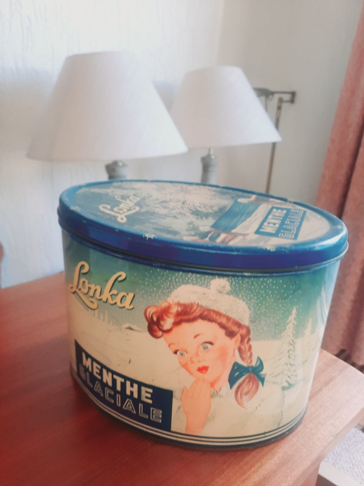 Vintage Lonka blik Menthe Glaciale - Wintertafereel, Ophalen of Verzenden, Gebruikt, Koek(jes)