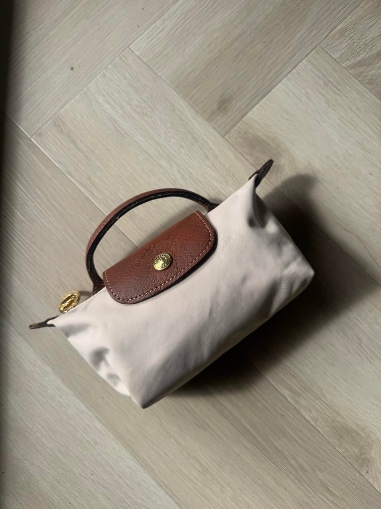 Longchamp Le Pliage Mini Handtasje Beige, Ophalen of Verzenden, Zo goed als nieuw, Beige, Avondtasje