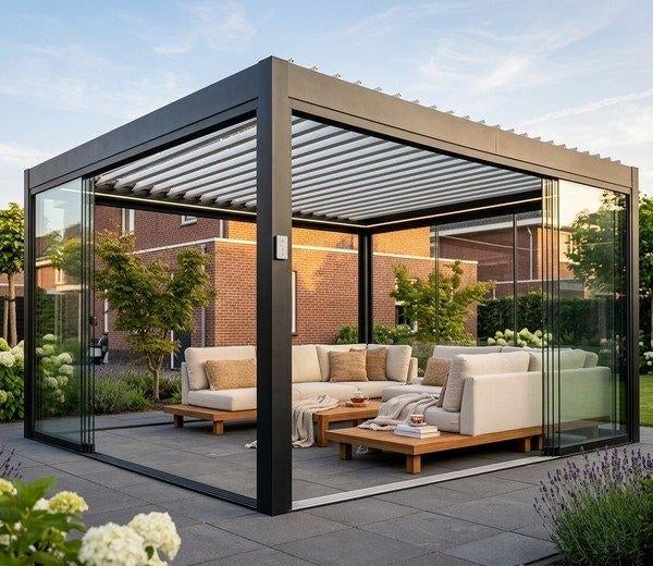 Elektrische pergola aluminium lamellendak – op maat, Tuin en Terras, Overkappingen, Verzenden, Nieuw, Tuinpaviljoen