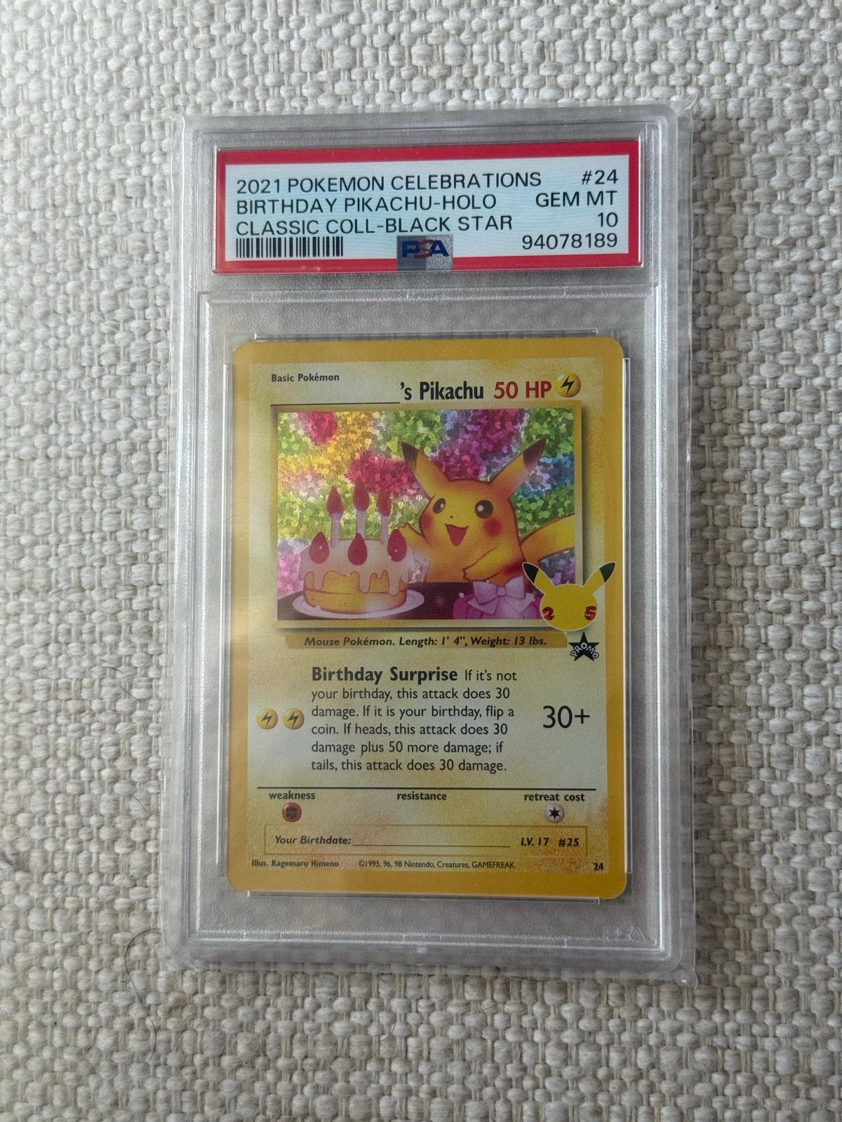 PSA 10 Birthday Pikachu Celebrations Holo #24 Pokémon Kaart, Ophalen of Verzenden, Nieuw, Losse kaart, Foil