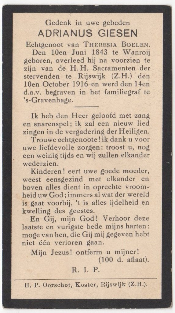 Adrianus Giesen 1843 Wanroij + 1916 Rijswijk (z.H.), 73 jaar, Ophalen of Verzenden