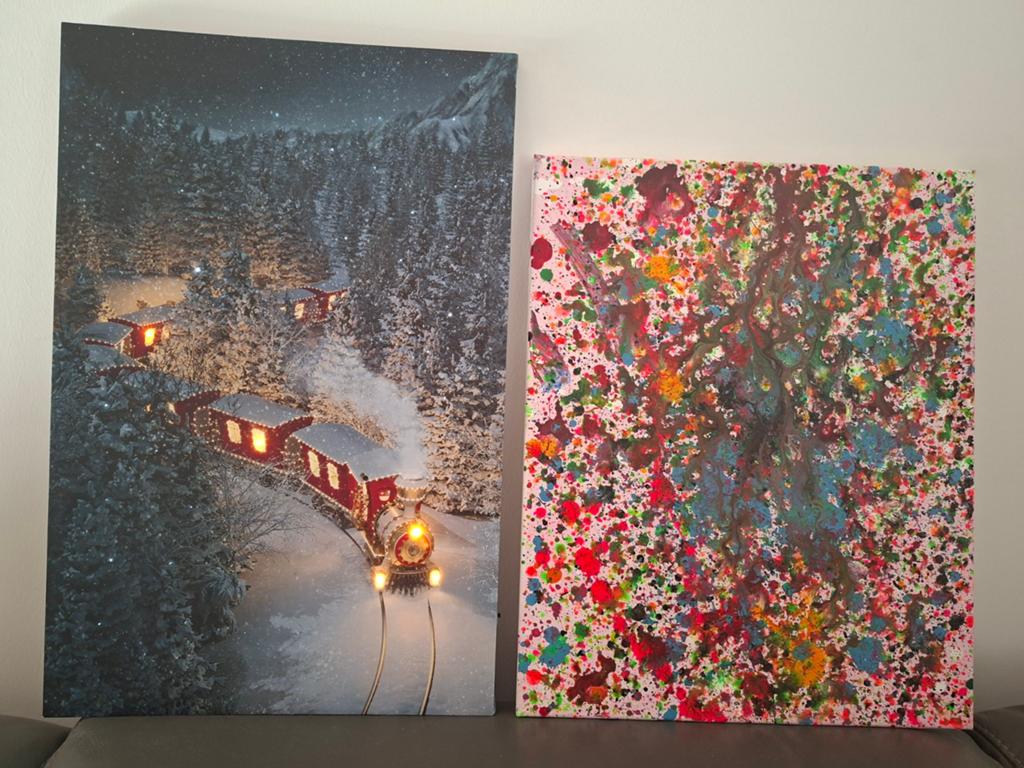 2 Schilderijen: Winterlandschap met verlichte trein, Ophalen of Verzenden, Zo goed als nieuw, Overige typen