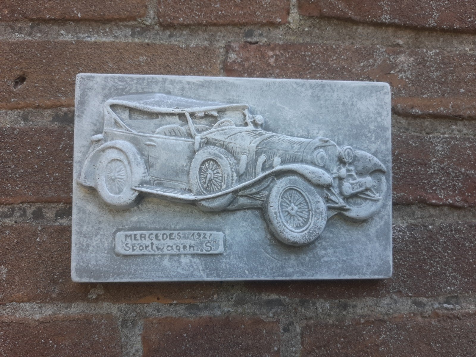 Mercedes 1927 sportwagen S wanddecoratie betonnen tuinbeeld, Ophalen of Verzenden