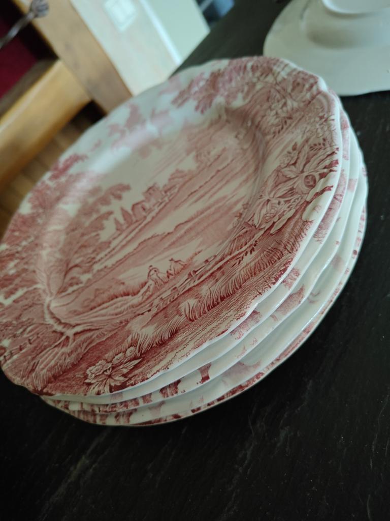 6 Engelse stijl borden, rood/wit landschap, 25 cm, Antiek en Kunst, Ophalen