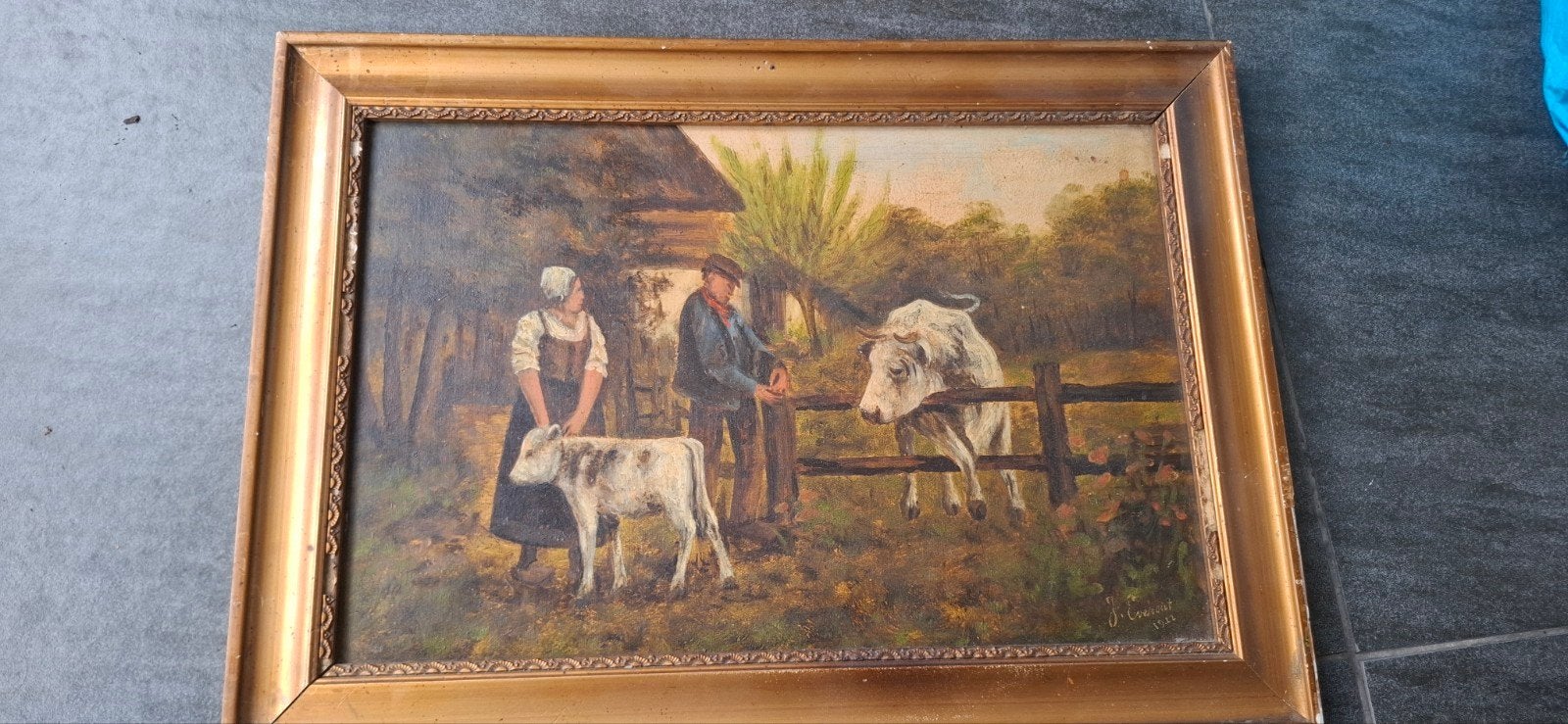 Oud Hollands schilderij Boerderijtafereel  gesigneer, Ophalen, Doek, Oud hollands, Dieren