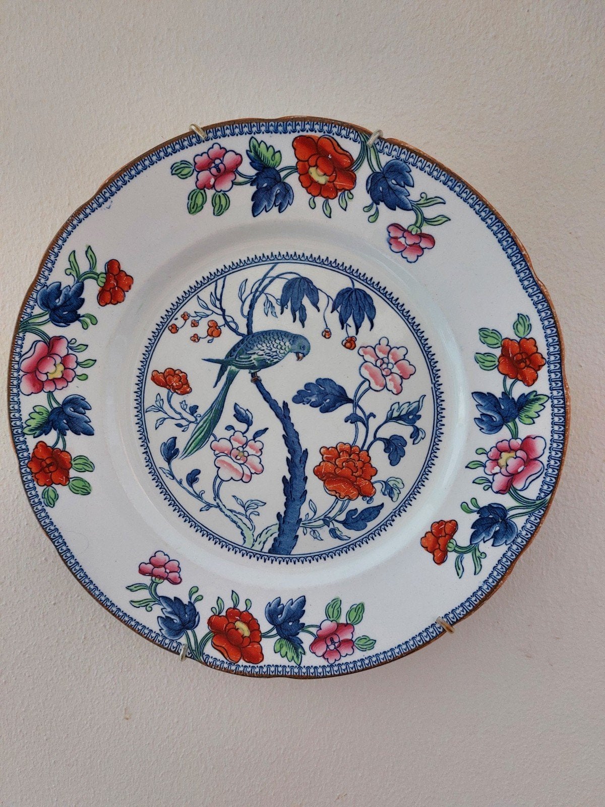 Antiek decoratief bord met vogel en bloemen, Antiek en Kunst, Ophalen of Verzenden