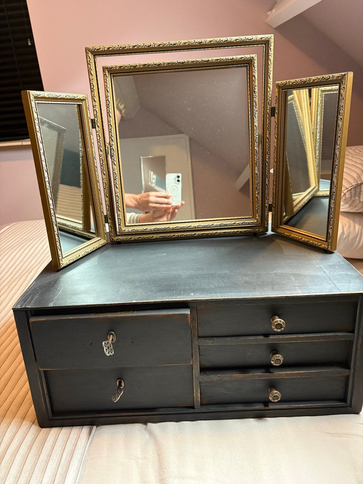 Vintage/ brocante houten juwelenkistje met kap tafel spiegel, Ophalen