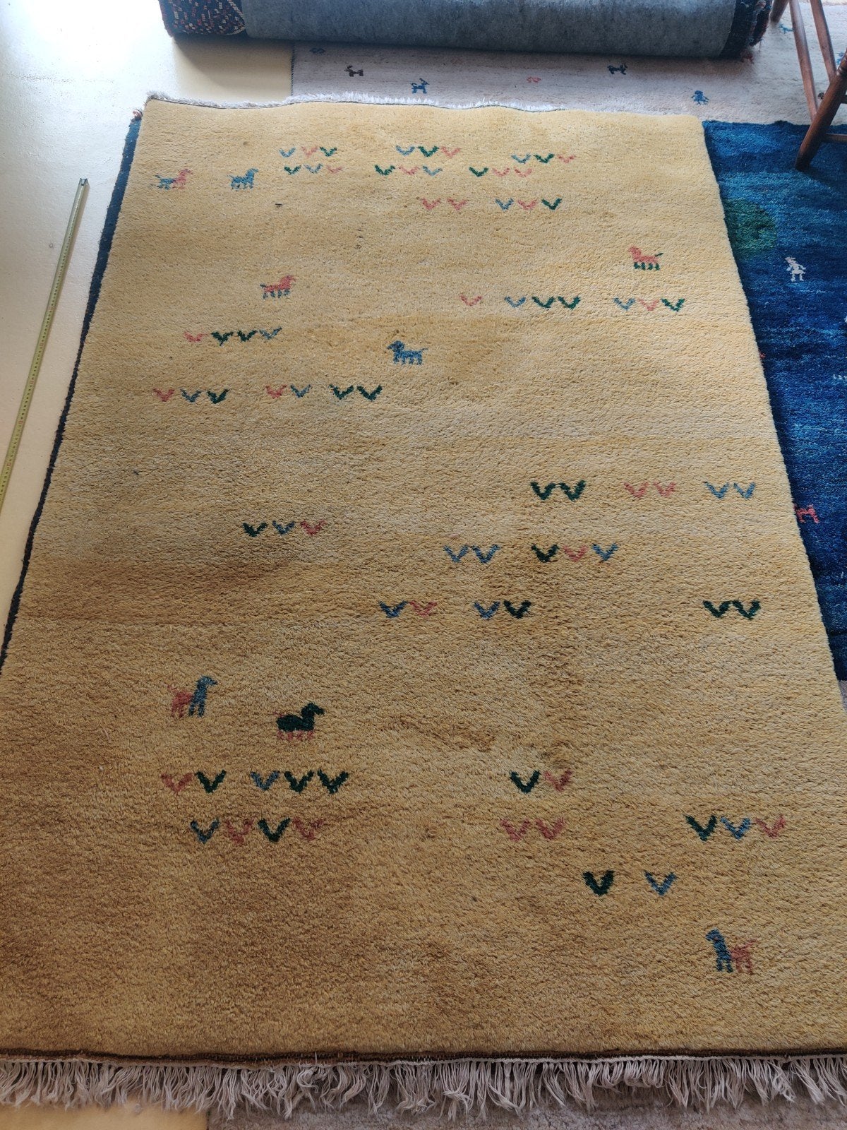 Prachtig handgeknoopt Perzisch Gabbeh kleed, warmgeel, 140, Ophalen, Rechthoekig, 200 cm of meer