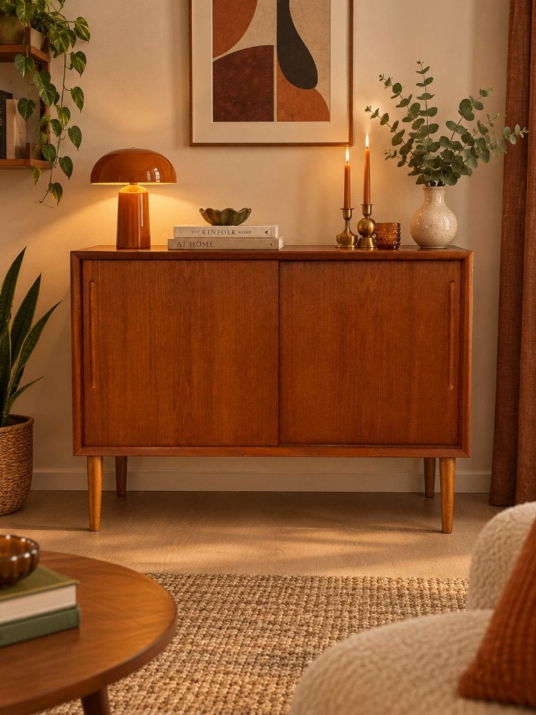 Compact dressoir van teak met schuifdeuren, Huis en Inrichting, Ophalen, Mid century modern/vintage, 100 tot 150 cm, Teakhout