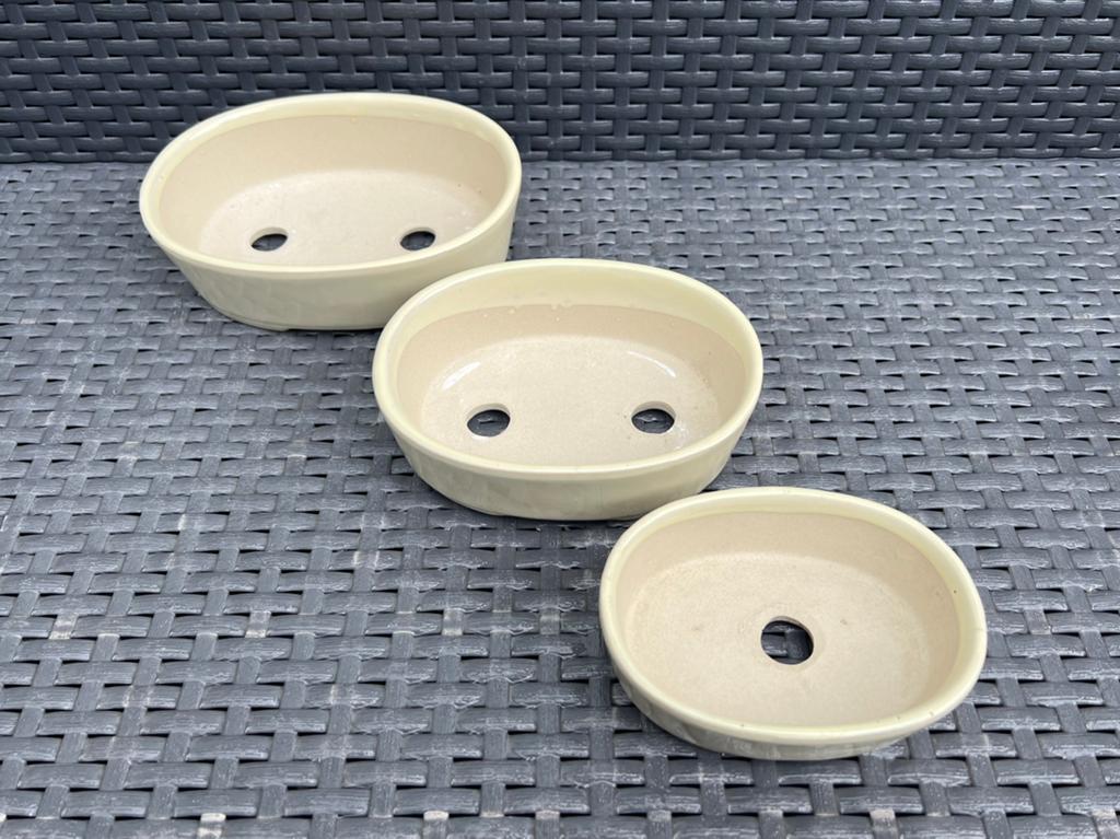Bonsai schalen set ovaal crème geglazuurd Japans aardewerk, Nieuw, Ophalen of Verzenden, Overige vormen, Aardewerk