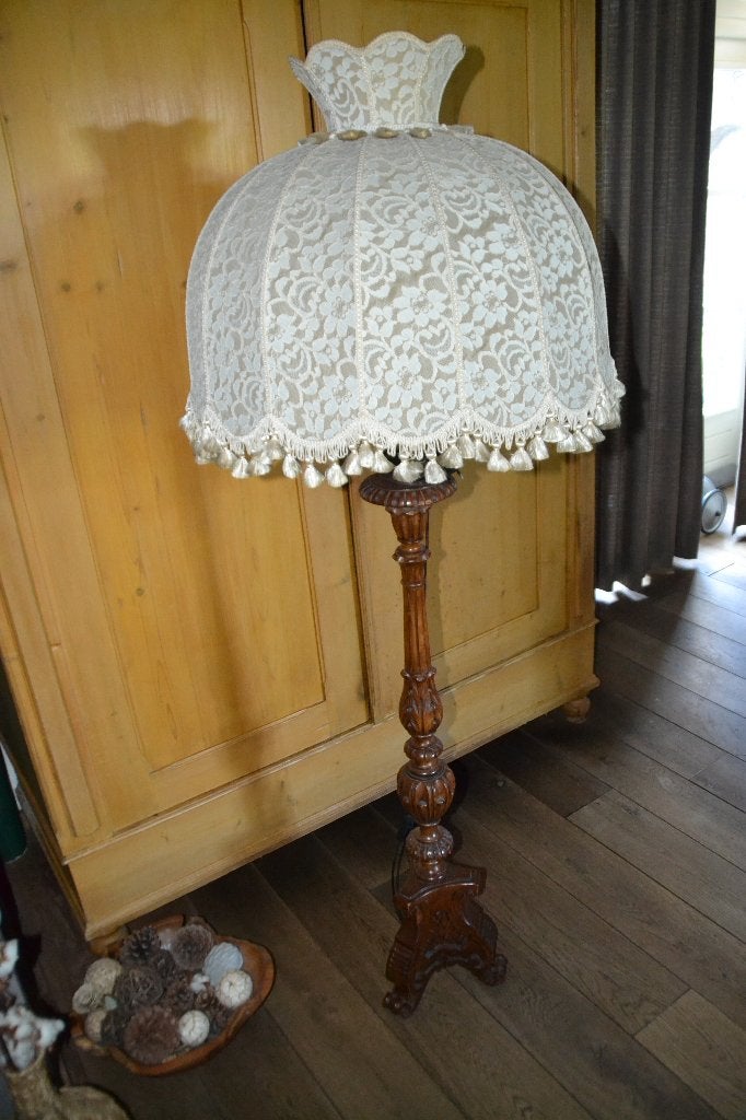 Mooie grote houten staande schemerlamp met kap, Antiek en Kunst, Ophalen