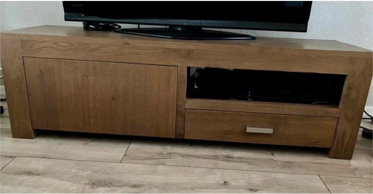 Eiken tv meubel met lade en open vak, 160x45x50 cm, Ophalen, Gebruikt, 150 tot 200 cm, Eikenhout