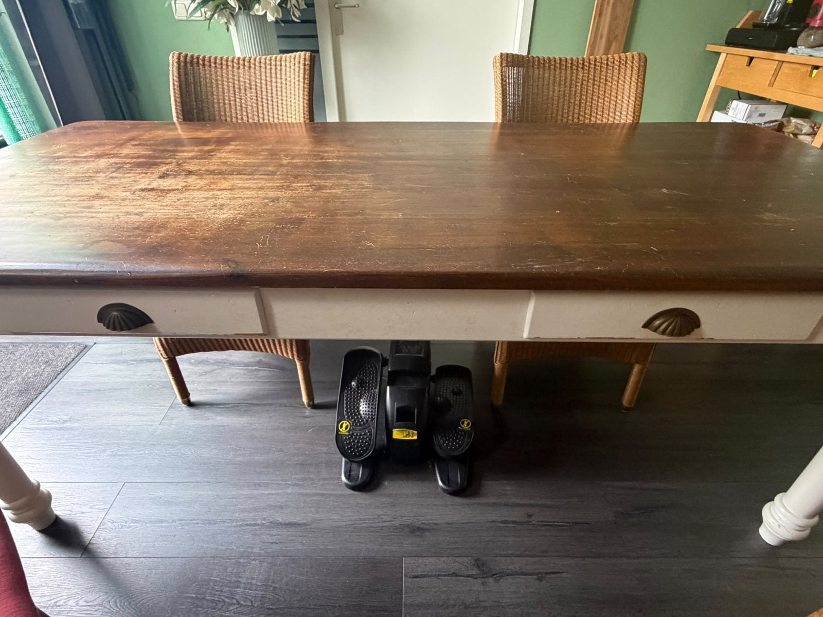 Eettafel met 6 Lloyd Loom rotan stoelen, Huis en Inrichting, Ophalen, Gebruikt, Bruin, Landelijk