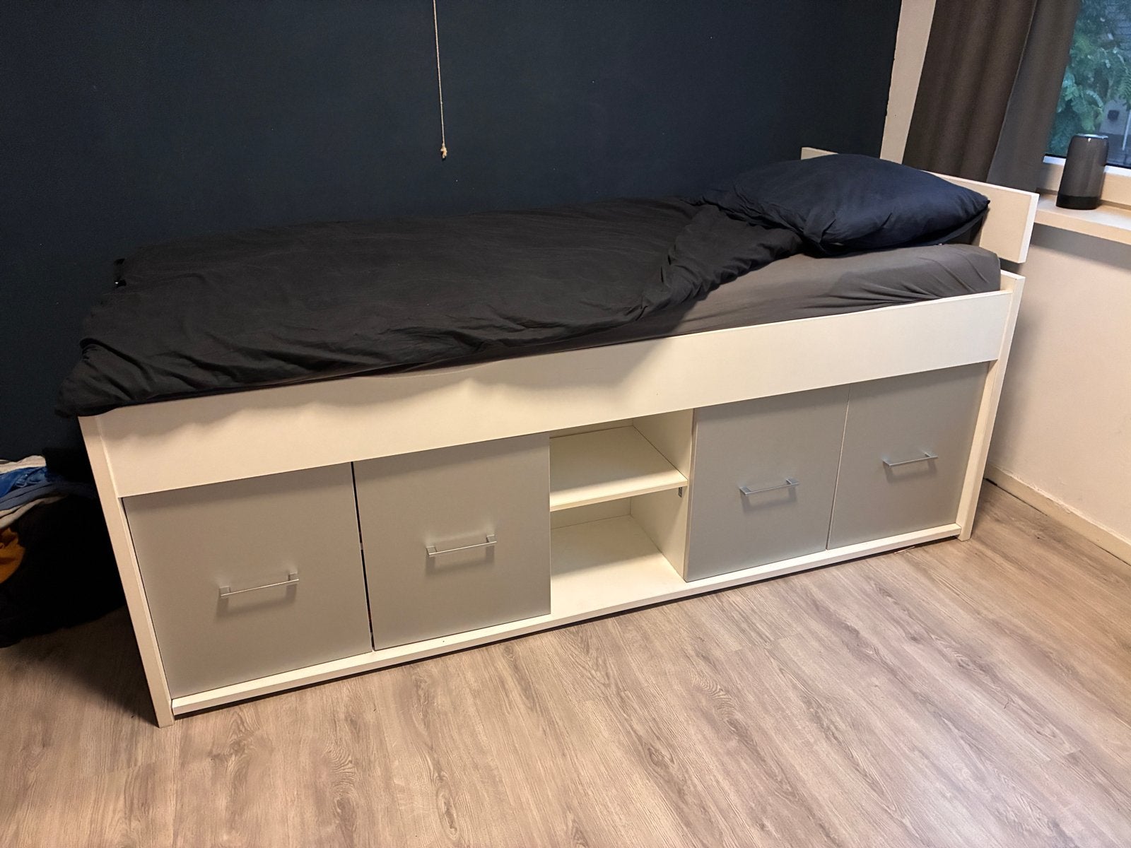Eenpersoonsbed met opbergruimte - Wit/Grijs, Ophalen, Gebruikt, 90 cm, Eenpersoons