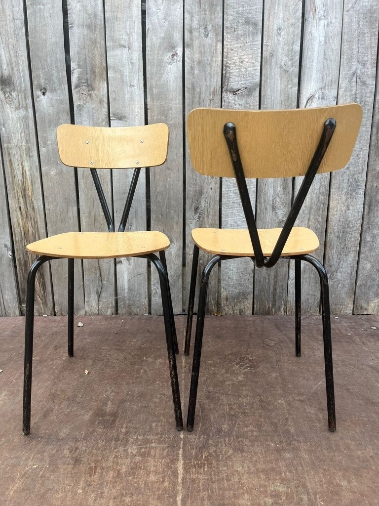 Obumex vintage formica stoelen (40 op voorraad), Gebruikt, Bruin, Hout, Ophalen of Verzenden