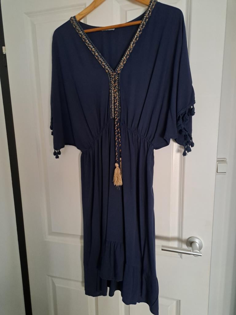 Zomerse jurk met borduursels en kwastjes - One Size, Blauw, Maat 42/44 (L), Ophalen of Verzenden, Boven de knie