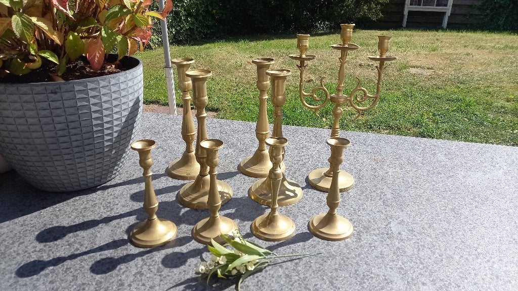 Partij. 9 x Vintage Koperen Kandelaars, huwelijk kerst etc., Ophalen, Koper of Brons