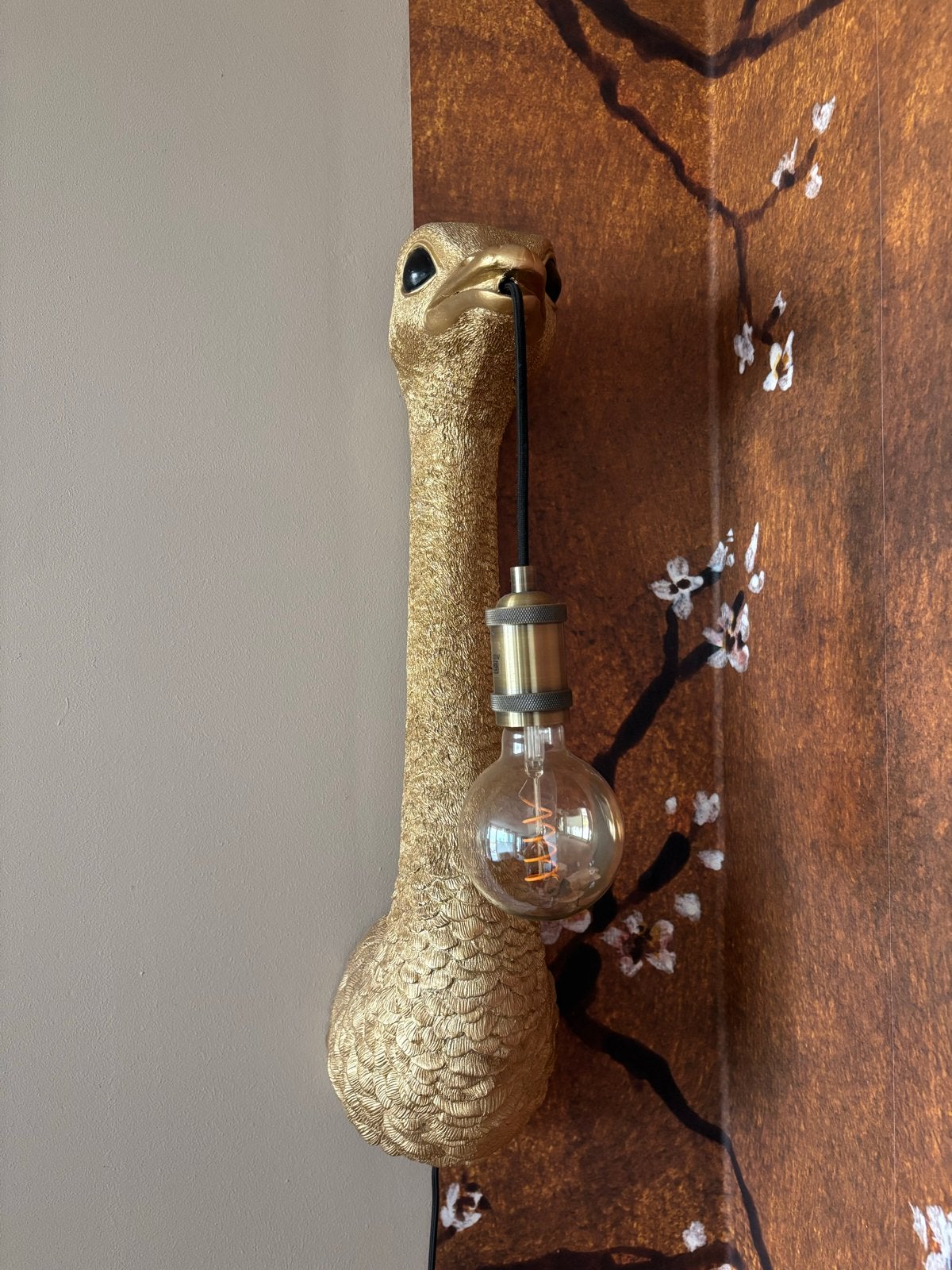 Gouden struisvogel wandlamp met Edison gloeilamp, Ophalen, Kunststof, E27 (groot), Zo goed als nieuw