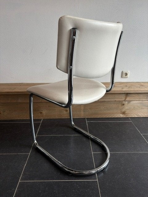 6 Dutch Originals Gispen GT1001, chroom , roomwit leder, Wit, Design, Zo goed als nieuw, Vijf, Zes of meer stoelen