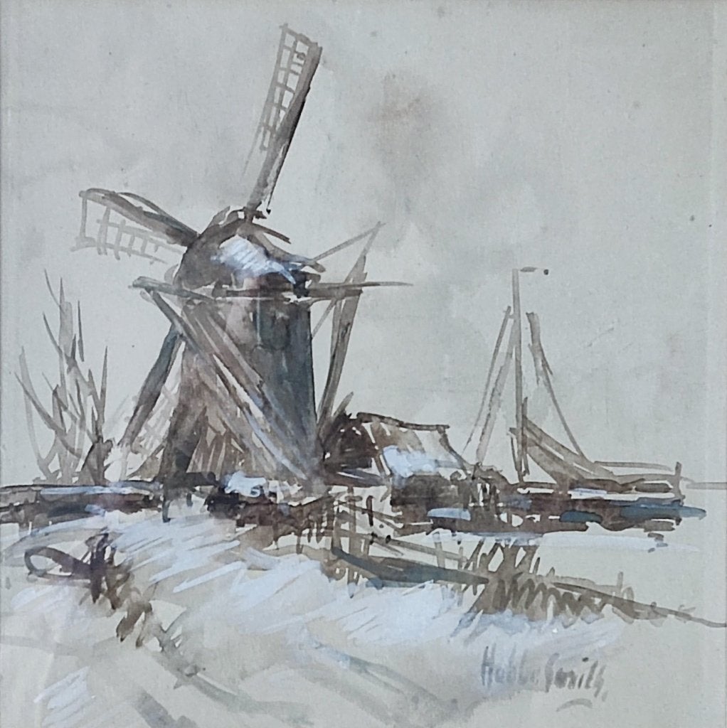 Hobbe Smith (1862-1942) - Molen in winters landschap, Ophalen of Verzenden, Tekening, Overige technieken, Handgemaakt
