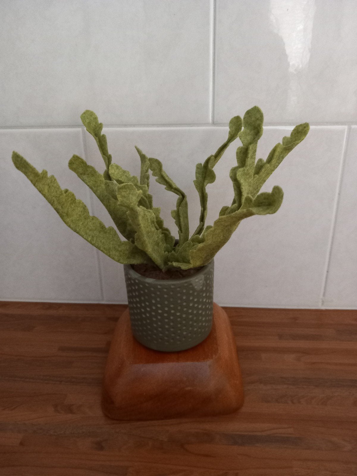 Krulvaren van vilt in donkergroen potje, Binnen, Groen, Handgemaakt, Kunstplant