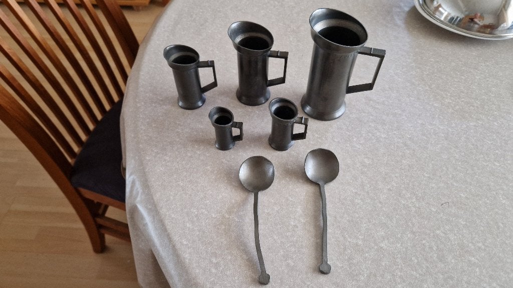 antieke tinnen kannetjes met 2 lepels, Ophalen of Verzenden