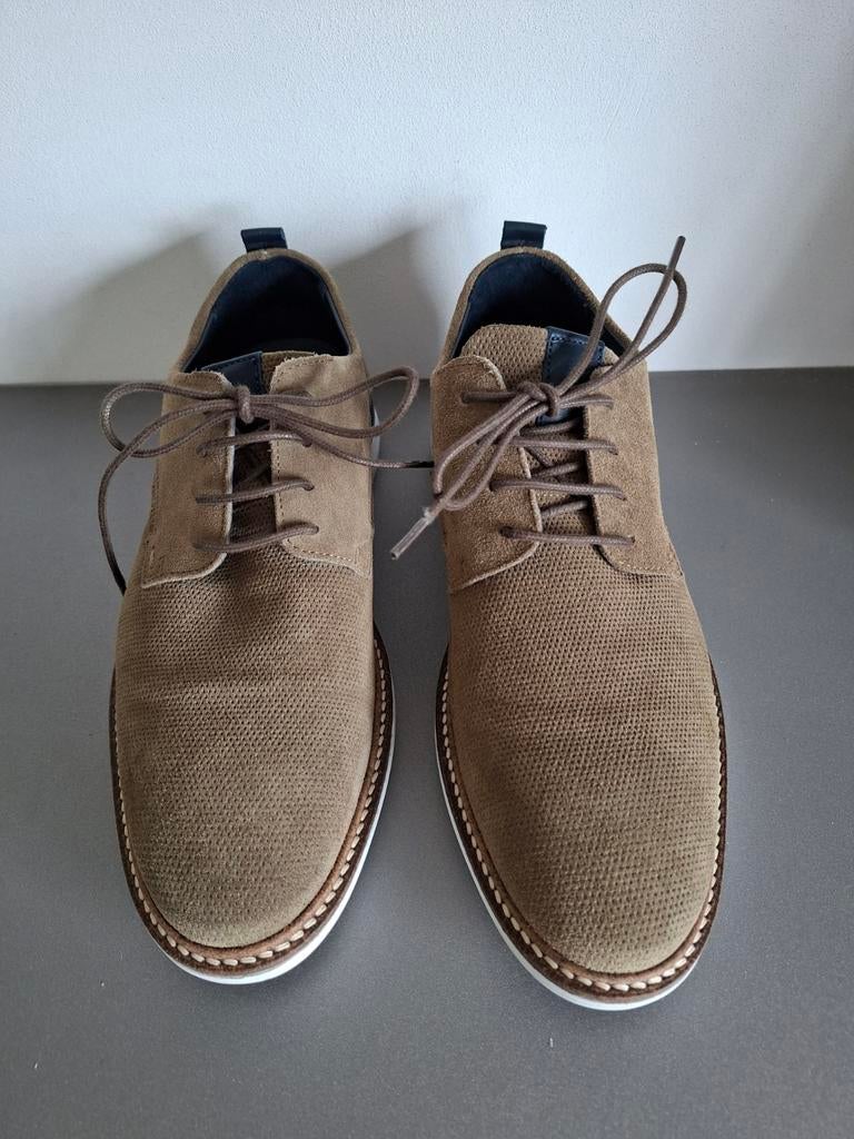 No Stress (Manfield) heren khaki suède veterschoen maat 41, Ophalen of Verzenden, Zo goed als nieuw, Overige kleuren