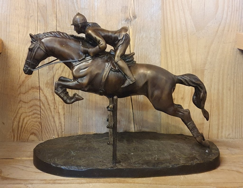 SPRINGPAARD MET AMAZONE / BRONZEN BEELD, Ophalen of Verzenden, Handgemaakt, Brons, Beeld
