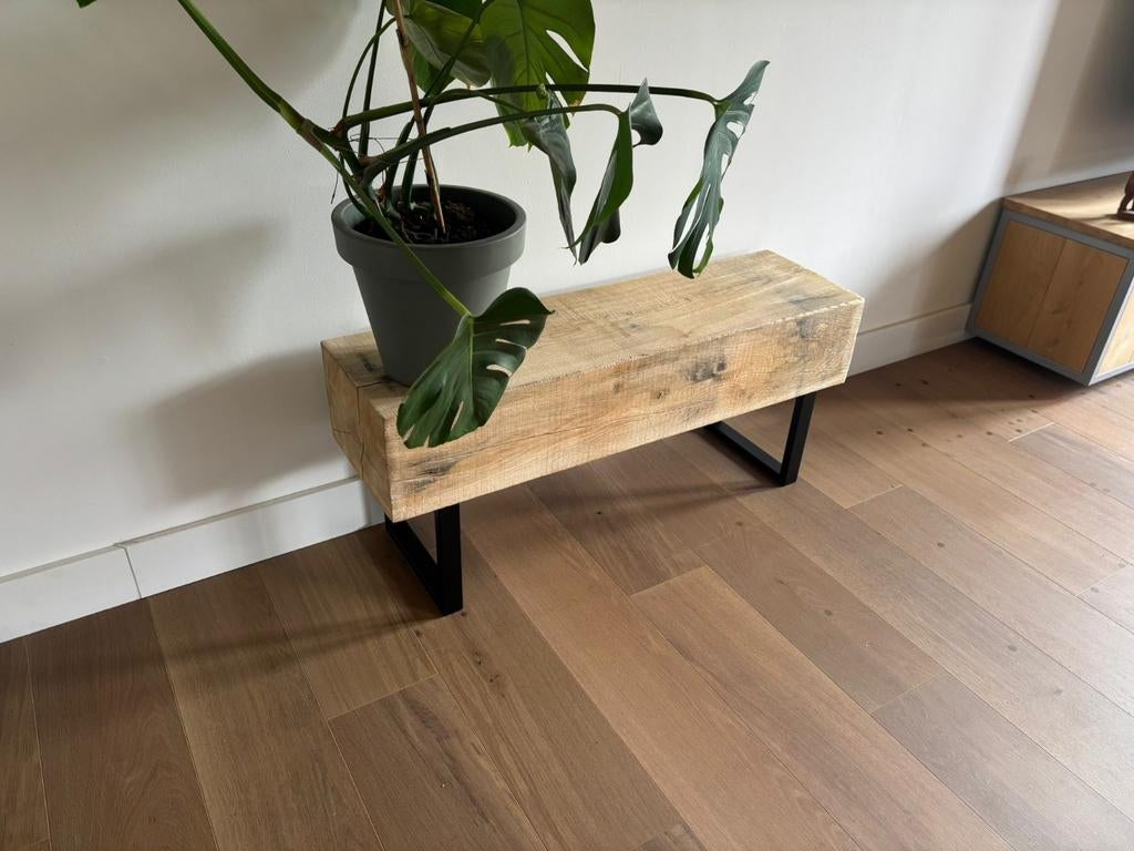 Industrieel Eiken bankje/bijzettafeltje, Ophalen, 25 tot 50 cm, Rechthoekig, 50 tot 100 cm